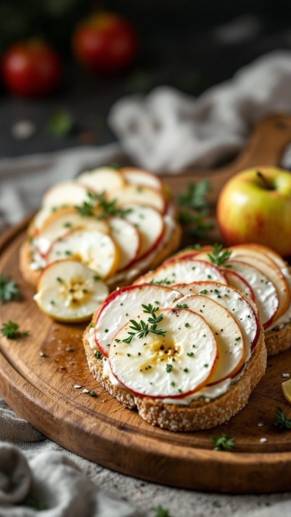 A wooden platter with apple and brie sandwiches topped with herbs, alongside fresh apples.