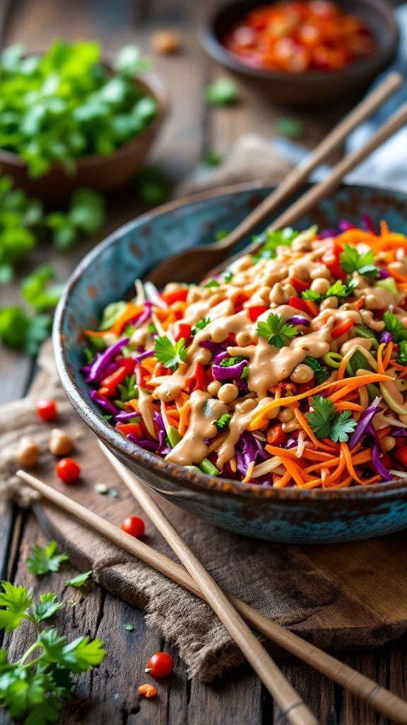 A colorful Asian chopped salad topped with peanut dressing and garnished with fresh herbs.