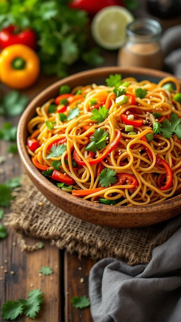 A colorful Asian noodle salad with red and yellow bell peppers, cilantro, and topped with sesame seeds.