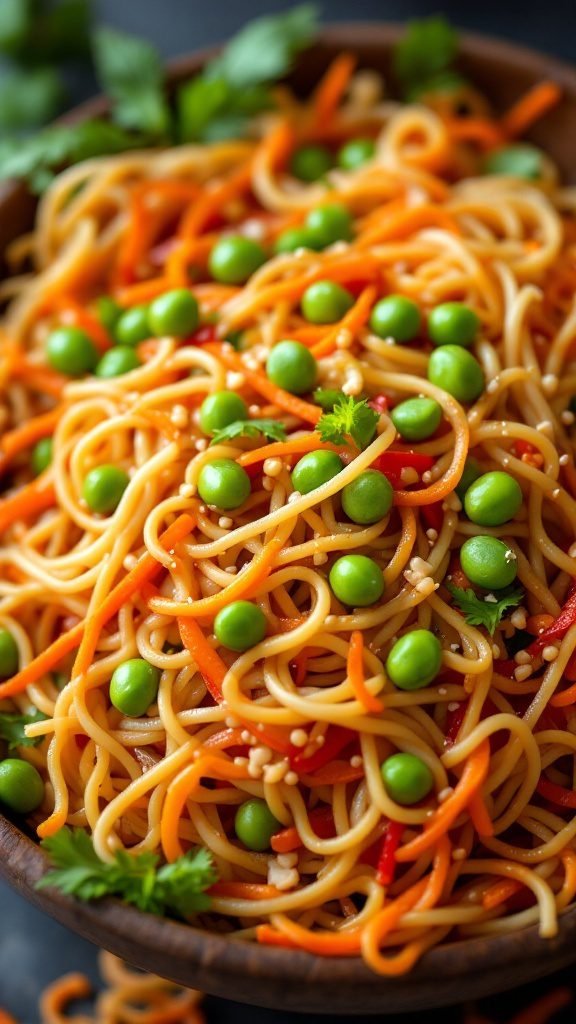 A colorful Asian noodle salad with carrots, peas, and bell peppers.