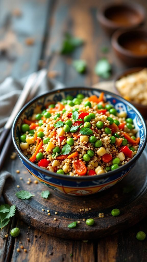 A colorful bowl of Asian quinoa salad with vegetables.