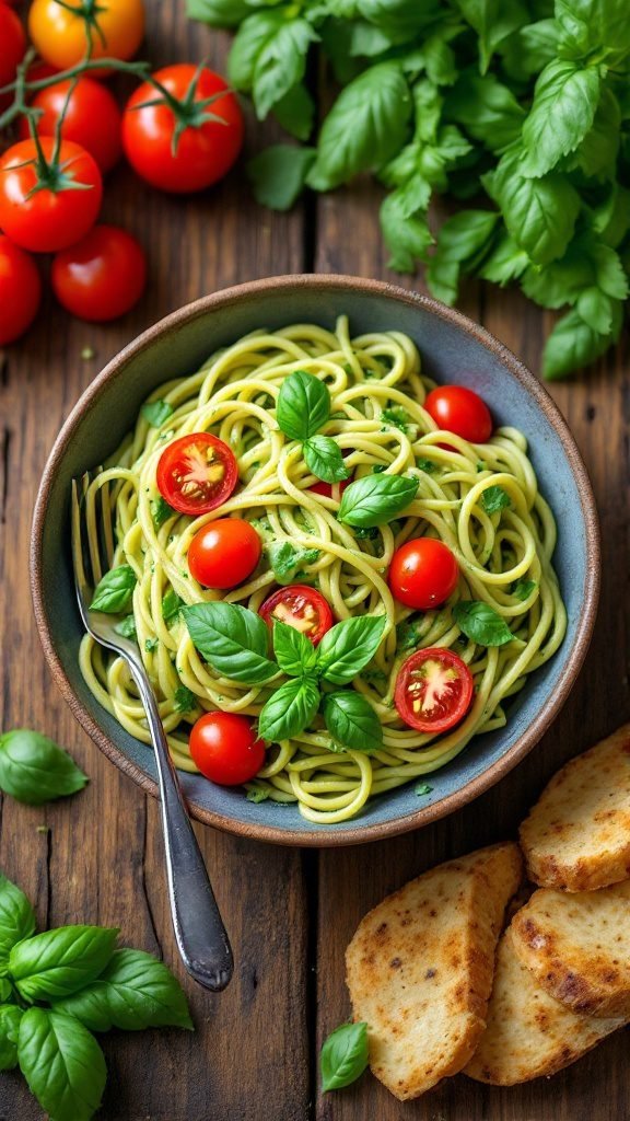 Bowl of avocado pesto pasta with cherry tomatoes and basil