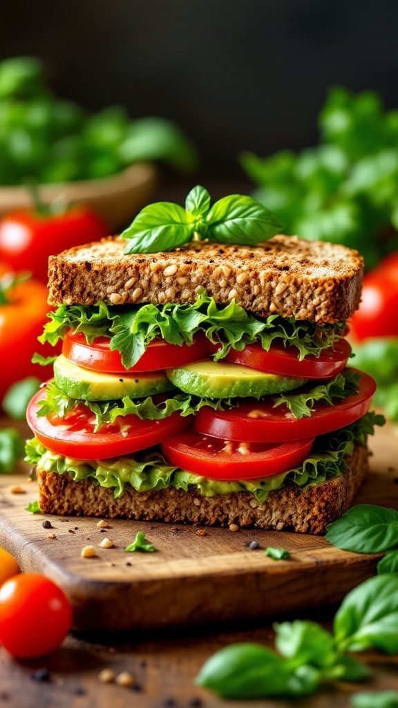A vibrant avocado tomato sandwich stacked with fresh vegetables and herbs on a wooden cutting board.