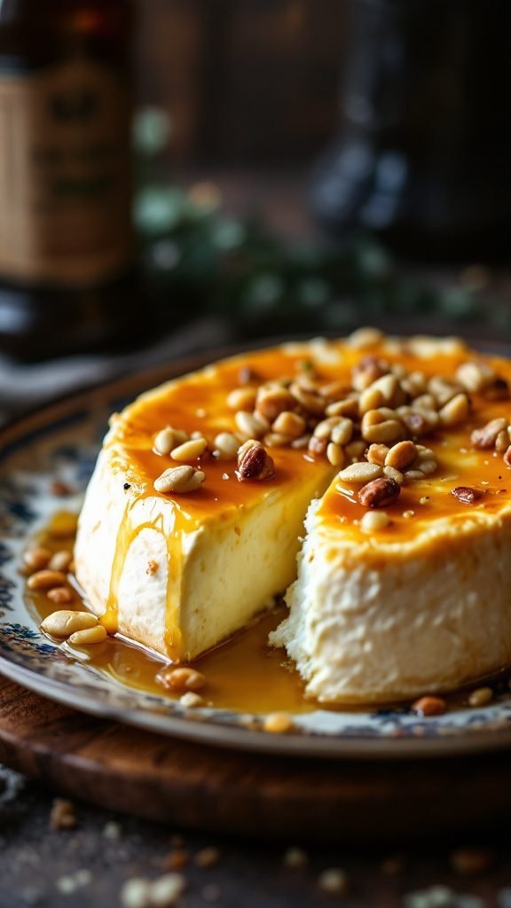 Baked brie cheese topped with honey and nuts on a decorative plate.