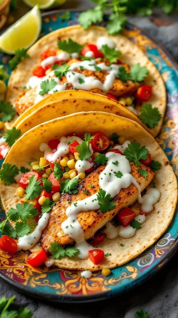 Baked fish tacos with cilantro lime sauce served on a colorful plate.