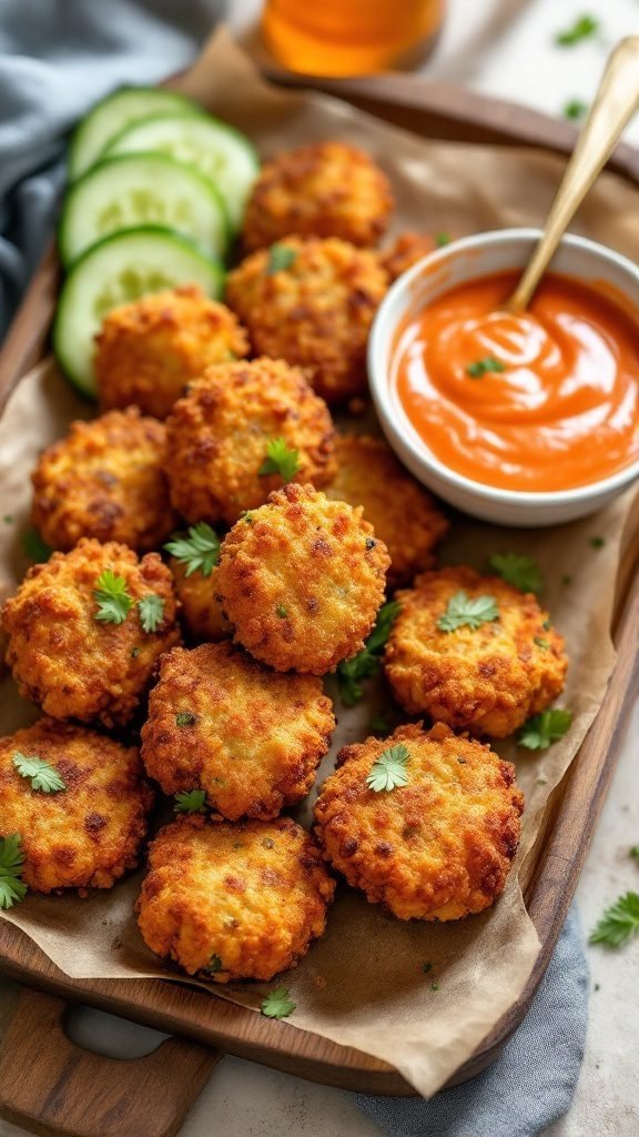 A platter of baked lentil veggie nuggets with cucumber slices and dipping sauce.