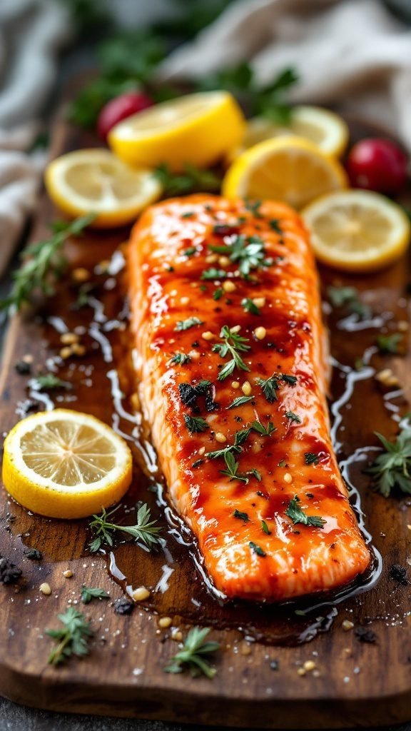 Baked salmon with maple glaze garnished with lemon and herbs.