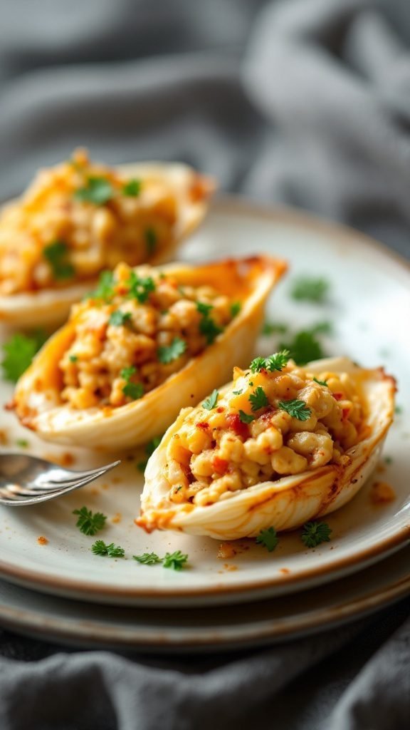 Baked stuffed crab shells on a plate garnished with parsley