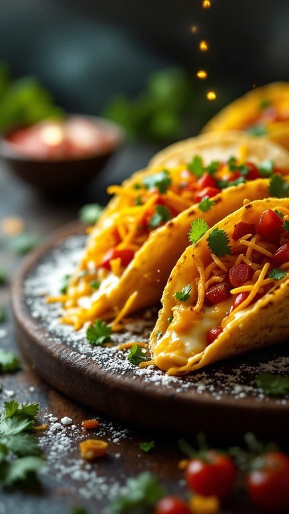 Baked tacos with cheese on a wooden plate garnished with cilantro and tomatoes