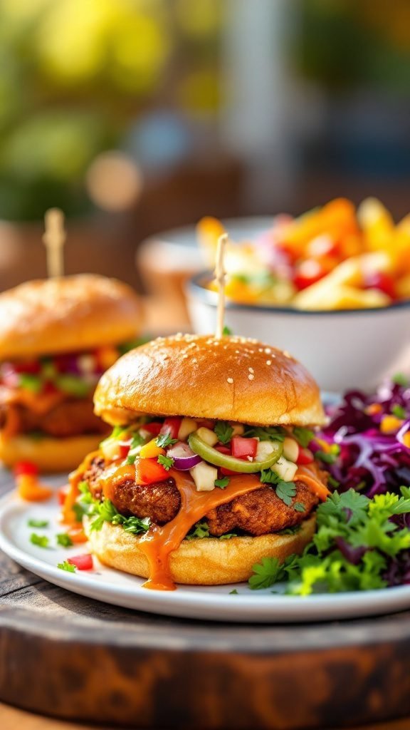 A close-up of BBQ jackfruit sliders garnished with colorful toppings on a plate.