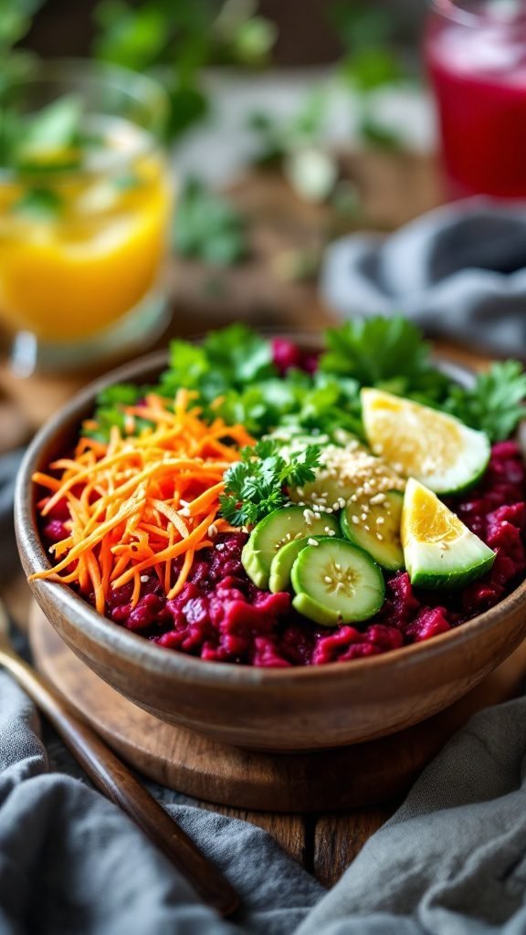 A colorful beetroot poke bowl featuring diced beetroot, quinoa, grated carrot, cucumber, avocado, and garnished with lime and cilantro.