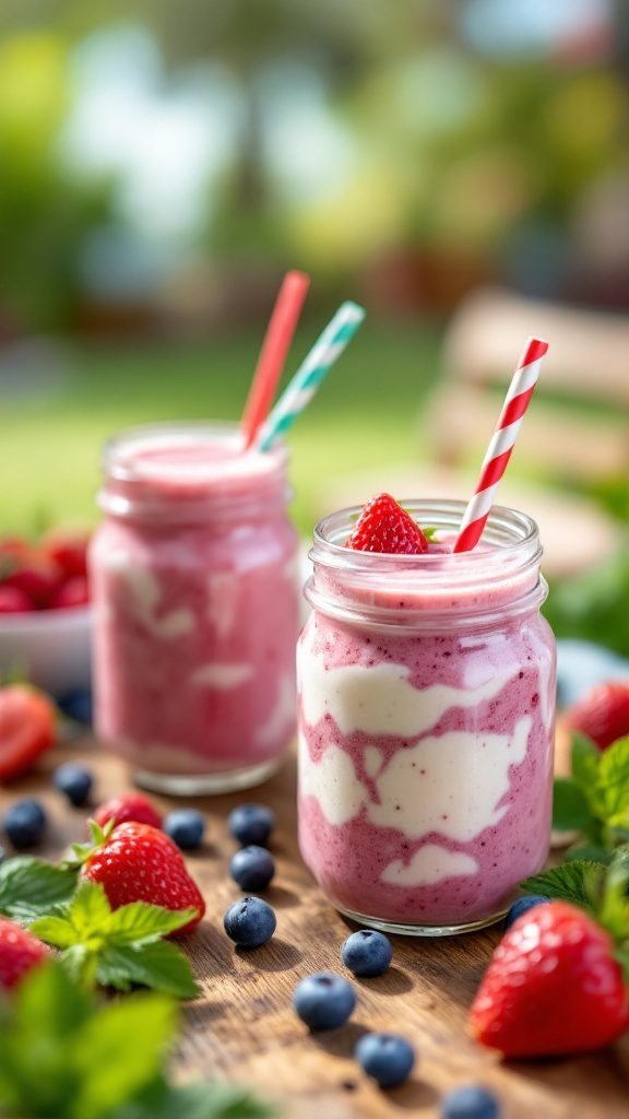 Two berry and yogurt smoothies in mason jars with strawberries and blueberries around them.