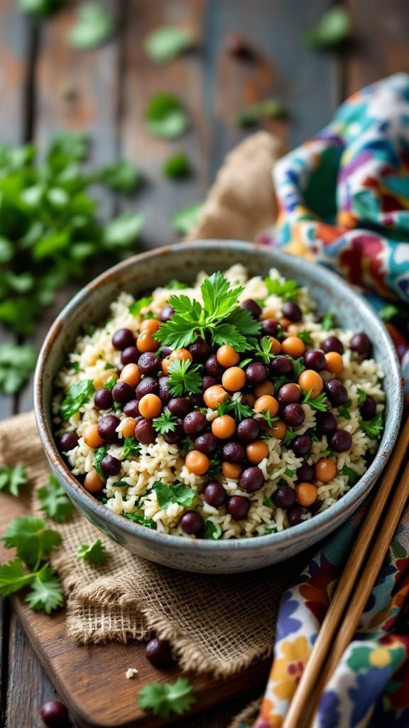 A bowl of Black Eyed Peas and Spinach Rice garnished with parsley, showcasing a colorful and nutritious meal.