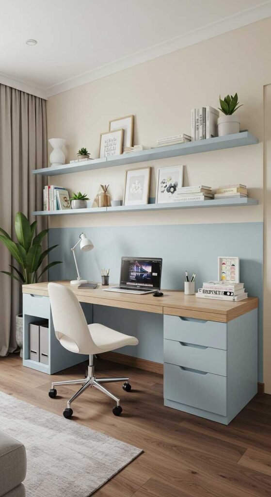 A cozy and organized home office setup with shelves, plants, and a desk.
