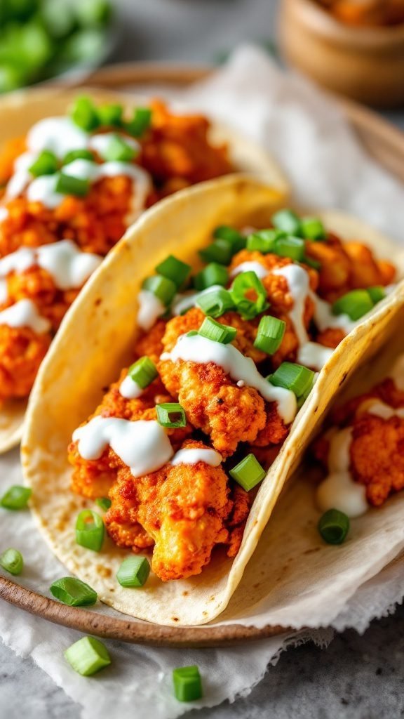 Vegetarian buffalo cauliflower tacos topped with green onions and ranch dressing.