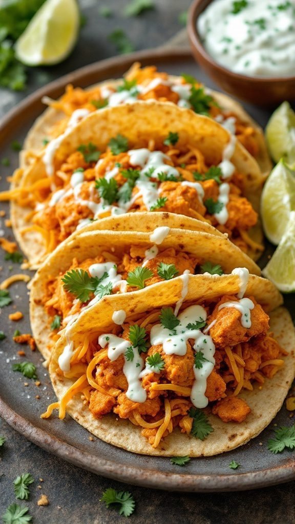 Buffalo chicken tacos topped with cilantro and sour cream on a plate