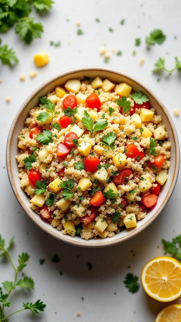 A colorful bulgur wheat salad with tomatoes, cucumbers, and parsley.