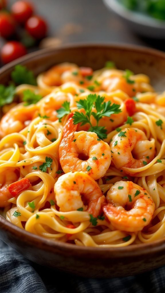 Cajun shrimp pasta served in a bowl garnished with parsley.