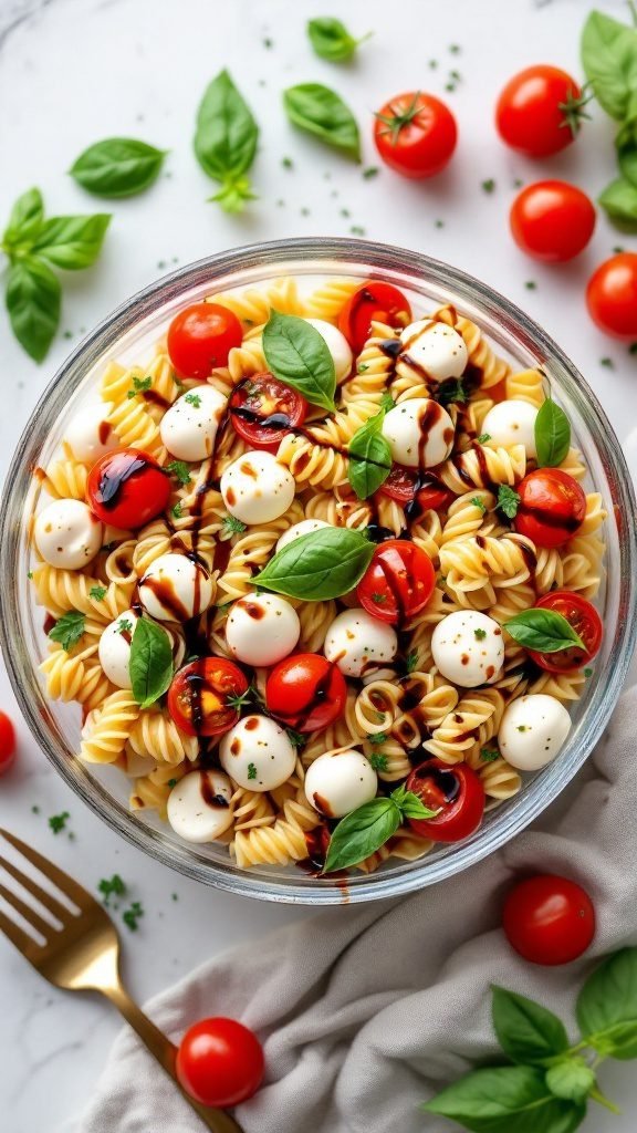 A bowl of Caprese Pasta Salad with cherry tomatoes, mozzarella balls, and basil