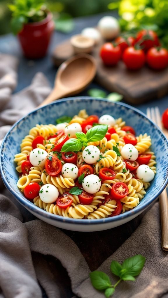 A bowl of Caprese pasta salad with cherry tomatoes and mozzarella