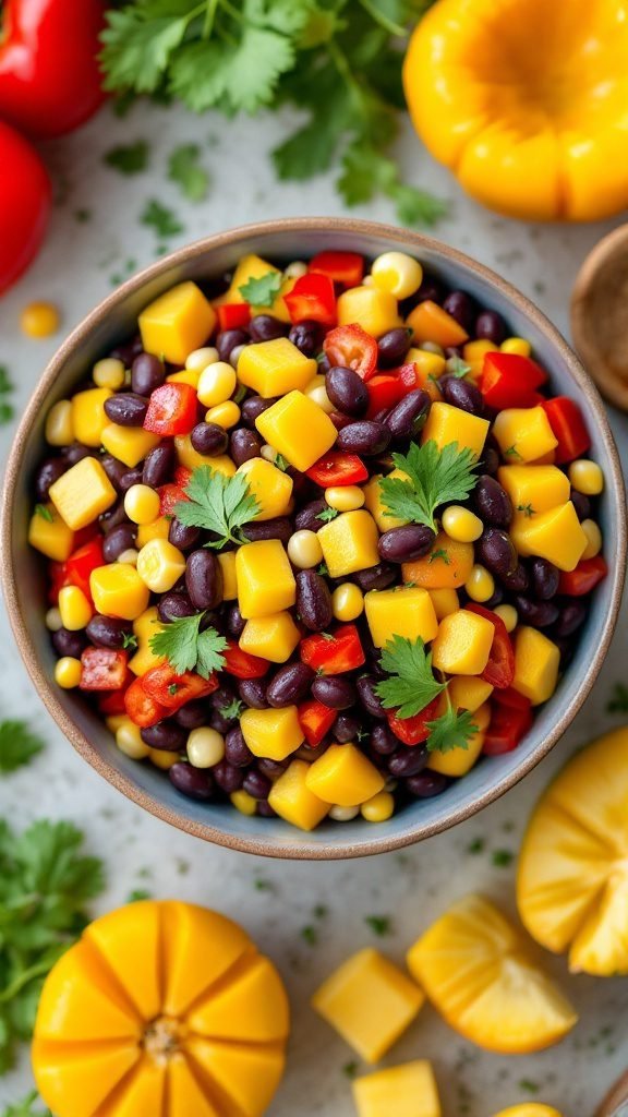 A colorful Caribbean Black Bean Salad with black beans, corn, mango, and bell peppers.