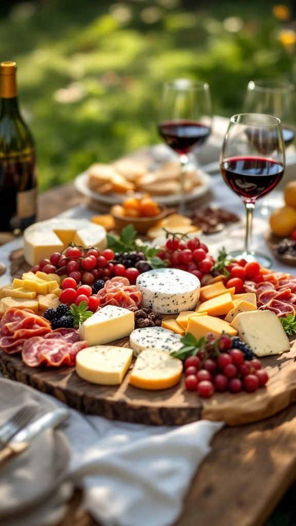 A cheese and charcuterie board with various cheeses, cured meats, fruits, and wine, set on a picnic table.