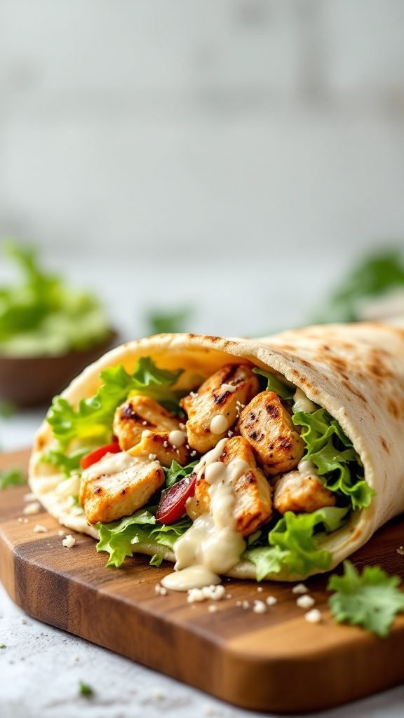 A Chicken Caesar pita filled with grilled chicken, lettuce, and dressing.
