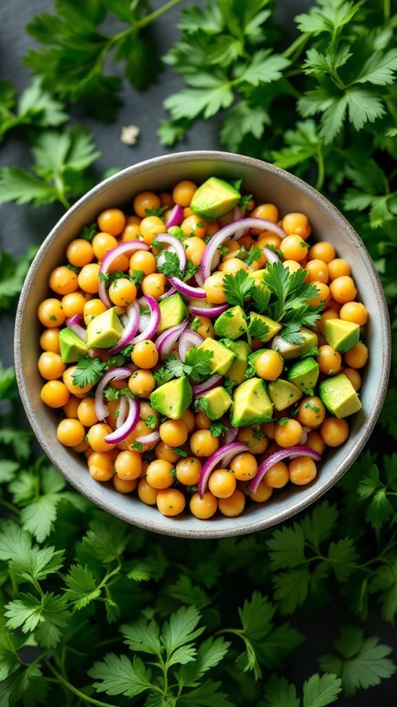 Chickpea and avocado salad in a bowl