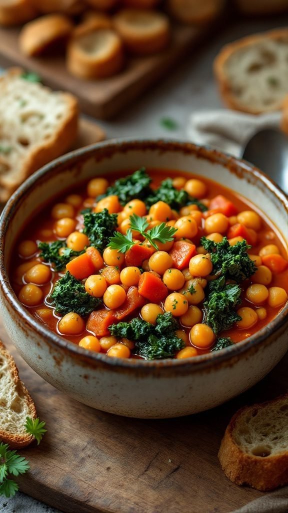 A bowl of chickpea and kale stew with colorful vegetables