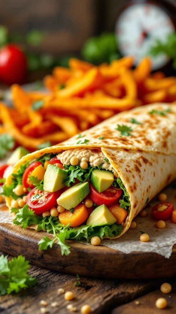 Chickpea wraps with fresh vegetables and sweet potato fries