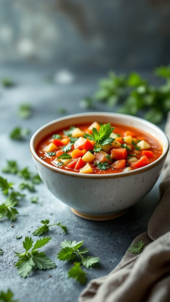A bowl of chilled gazpacho soup garnished with diced vegetables and herbs.