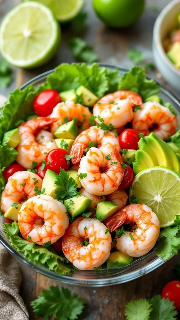 Chilled shrimp and avocado salad with lime and tomatoes