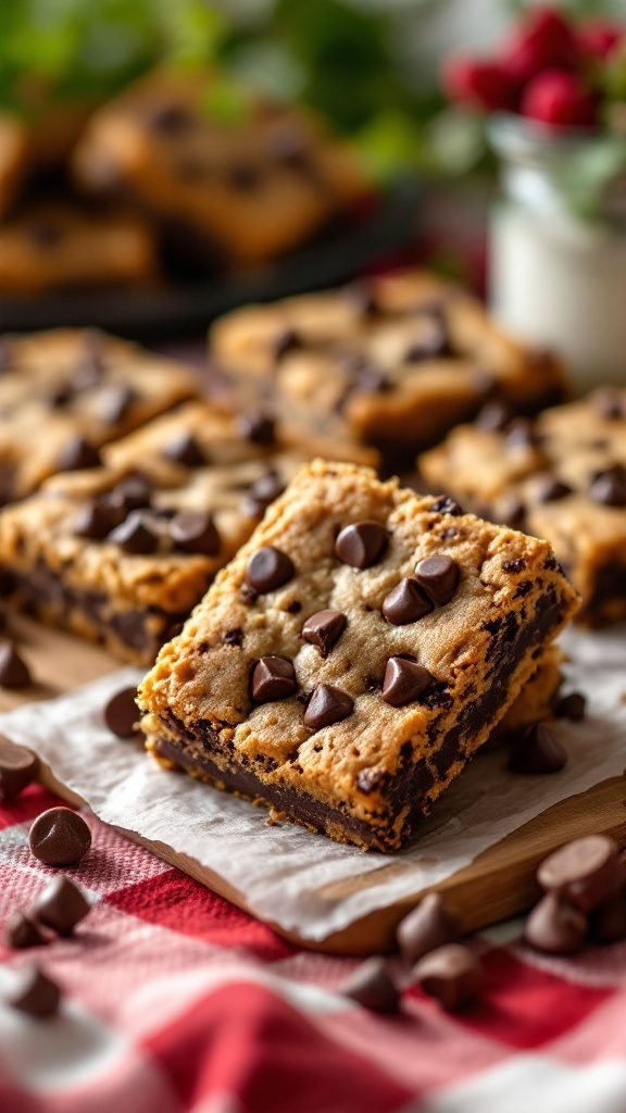 A close-up view of chocolate chip cookie bars topped with chocolate chips, set on a red and white checkered picnic blanket.