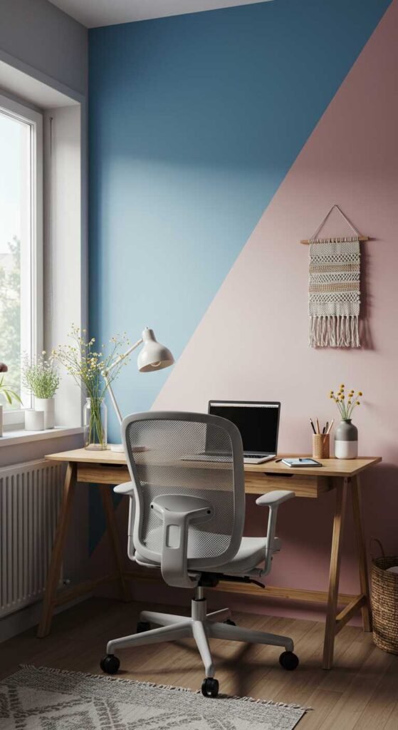 A cozy home office with a split color wall design in blue and pink, featuring a minimalist desk and ergonomic chair.