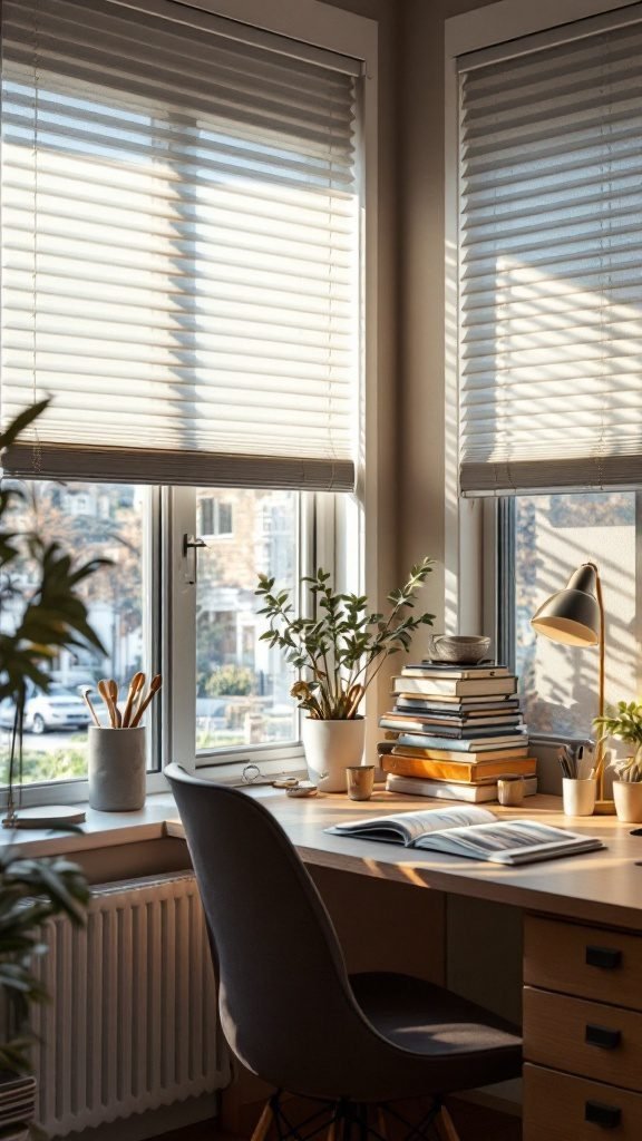A cozy home office with blinds, a desk, books, and plants.