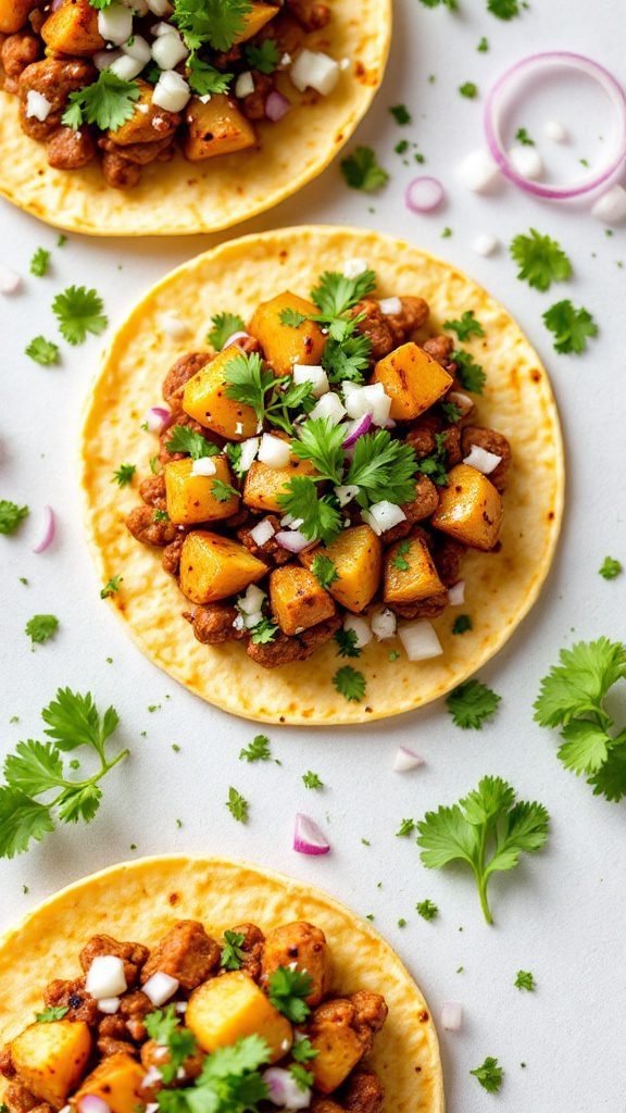 Delicious chorizo and potato tacos topped with fresh cilantro and onions.