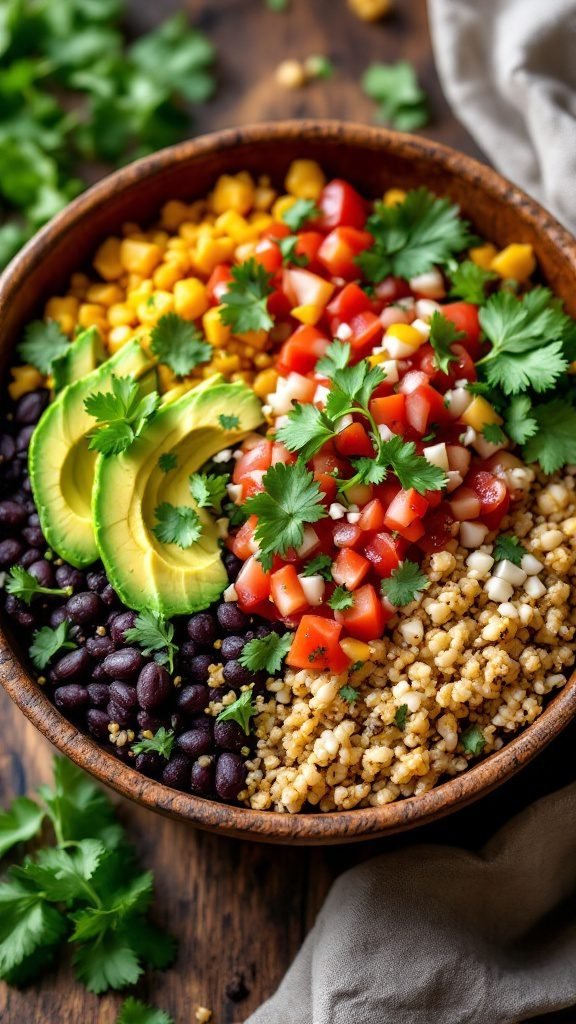 A colorful Chorizo Vegan Burrito Bowl filled with grains, black beans, corn, tomatoes, avocado, and garnished with cilantro.
