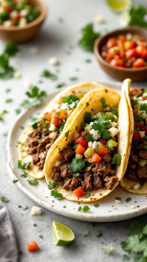 Three cilantro lime beef tacos topped with fresh vegetables.