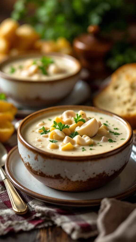 Clam chowder served in bread bowls with parsley garnish.