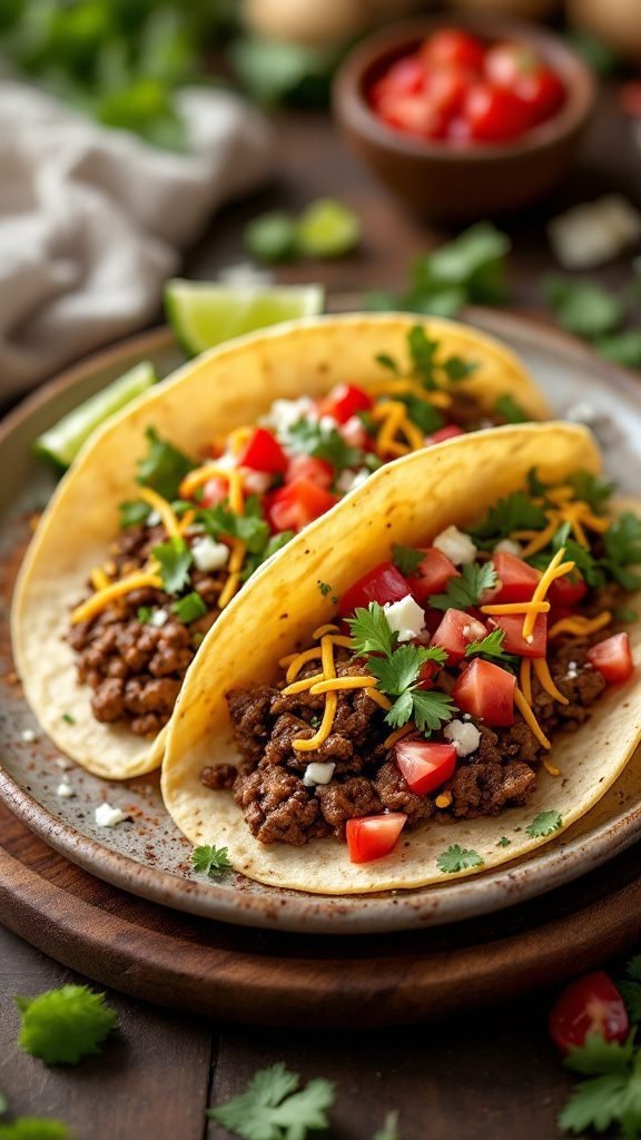 Plate of classic beef tacos topped with cheese, tomatoes, and cilantro