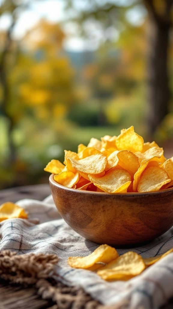 A bowl of crispy potato chips on a picnic blanket