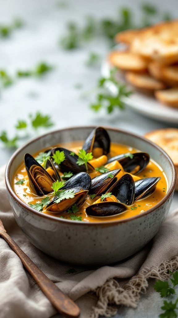 Delicious coconut curry mussels served in a bowl, garnished with fresh cilantro