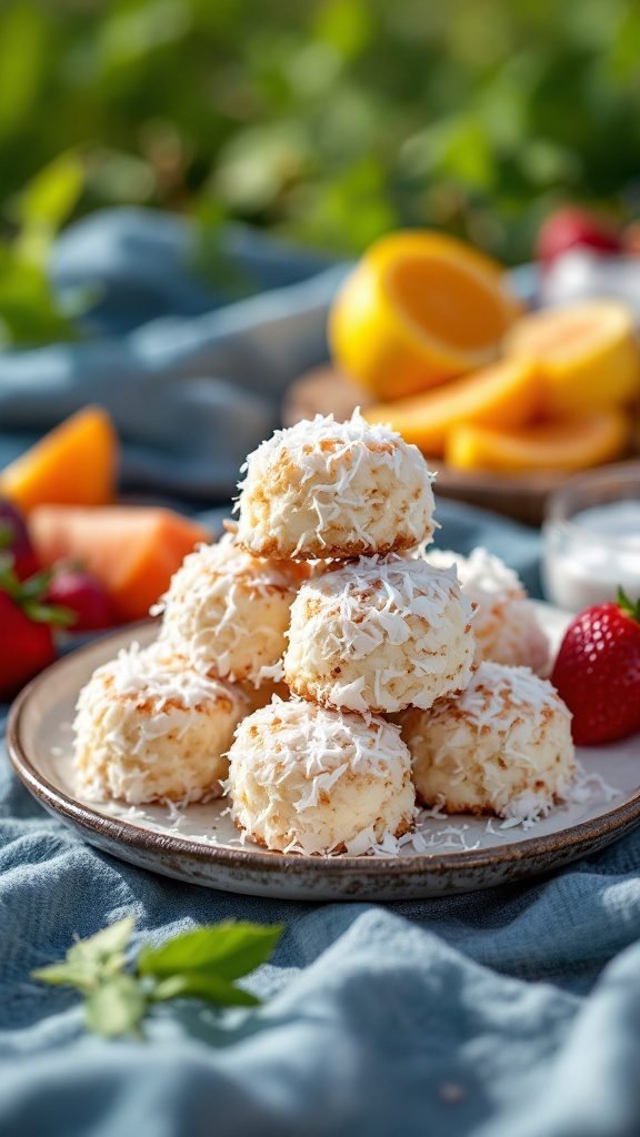 Delicious coconut macaroons on a plate surrounded by fresh fruits.