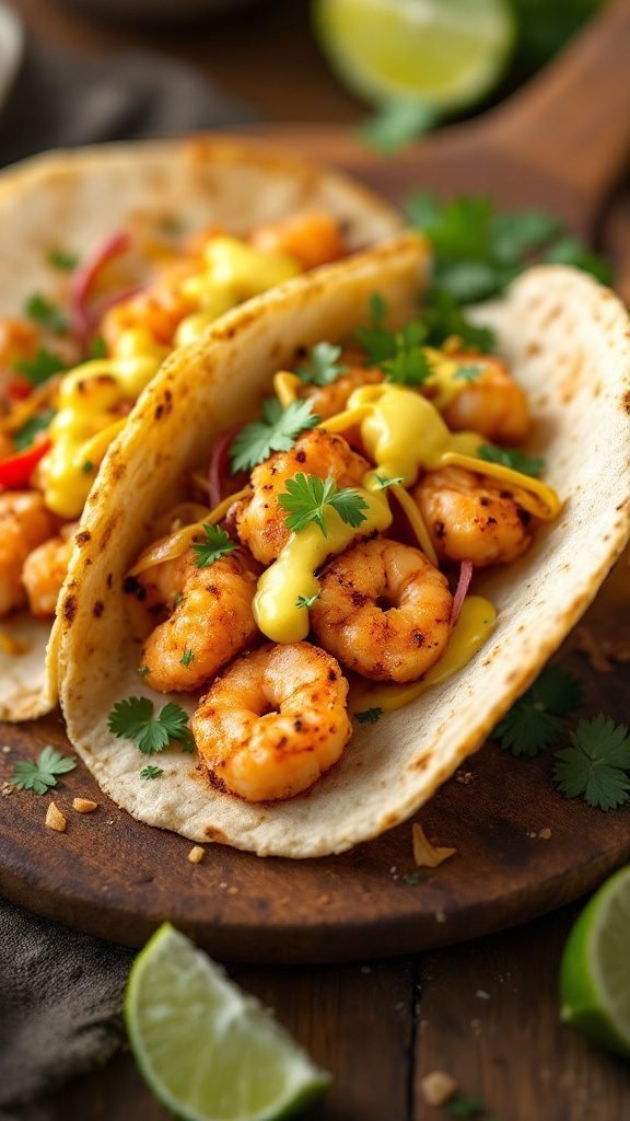Delicious coconut shrimp tacos with toppings