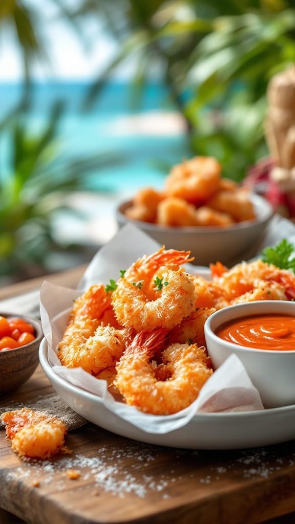 A plate of coconut shrimp served with dipping sauce and garnished.