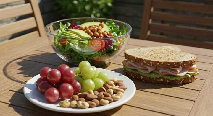 A fresh, colorful salad with avocado and chickpeas in a bowl, a turkey sandwich, and a plate of grapes and nuts on a wooden table with sunlight.