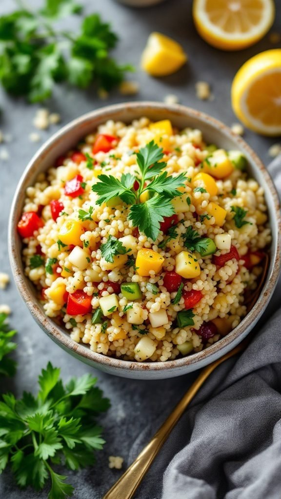 A vibrant bowl of couscous salad with lemon, garnished with fresh parsley.