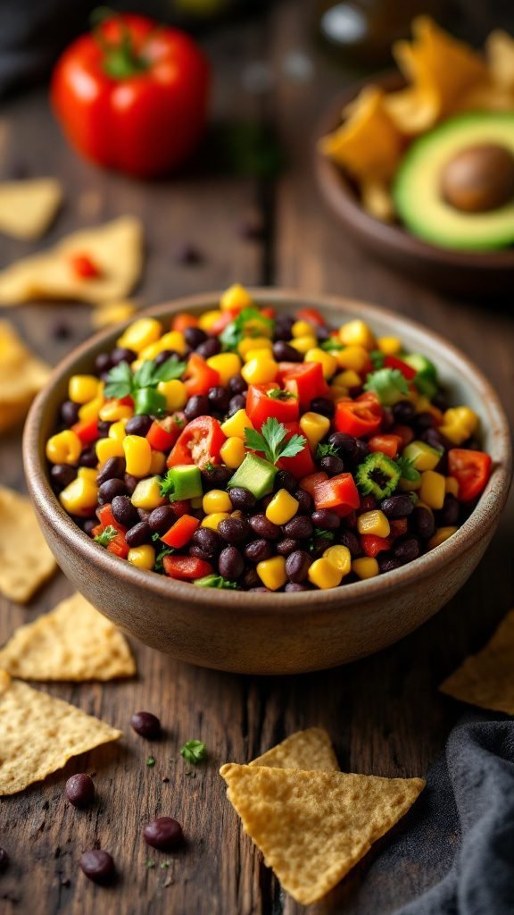 A colorful bowl of Cowboy Caviar with black beans, corn, cherry tomatoes, and diced bell peppers, served with tortilla chips.