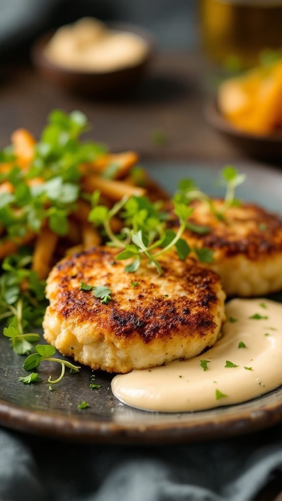 Delicious crab cakes served with remoulade sauce and a side of fries.