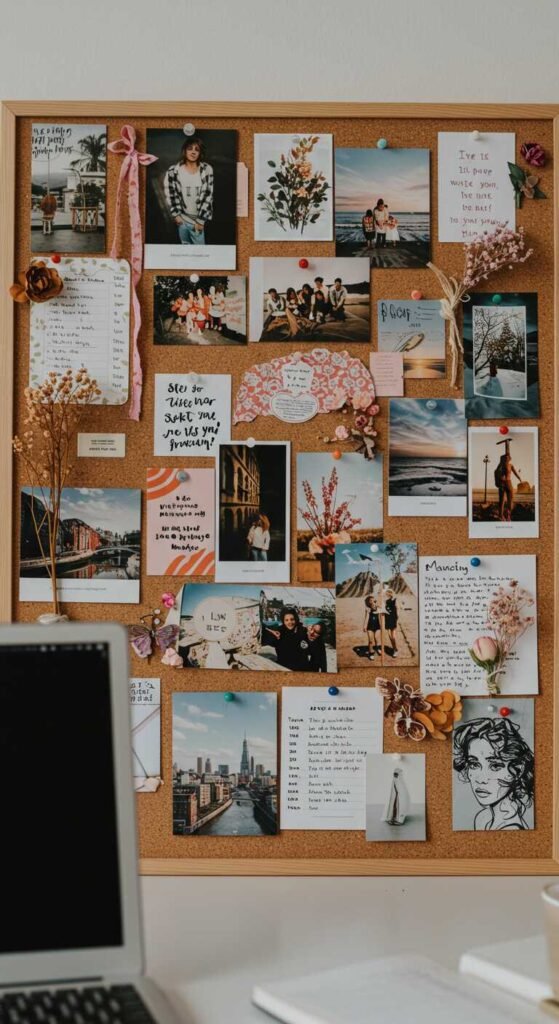 A vision board on a corkboard filled with photos, quotes, and decorative elements.